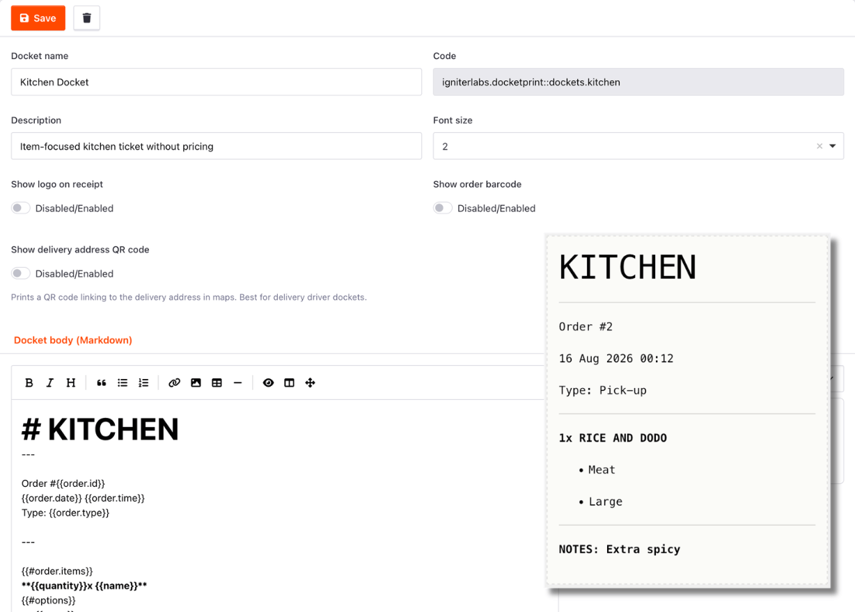 TastyIgniter kitchen order docket